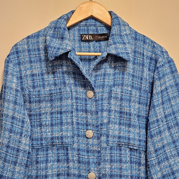 Zara Women's Plaid Tweed Cropped Long Sleeve Button Down Blazer Top Blue Size L. - Picture 9 of 16